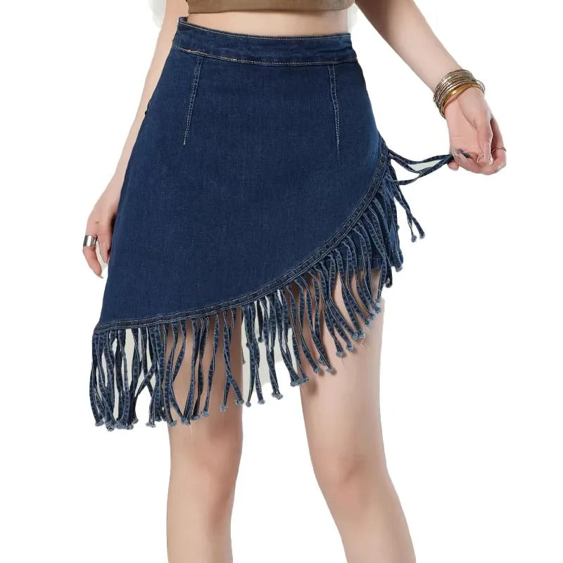 Dark Wash Fringe Denim Mini Skirt