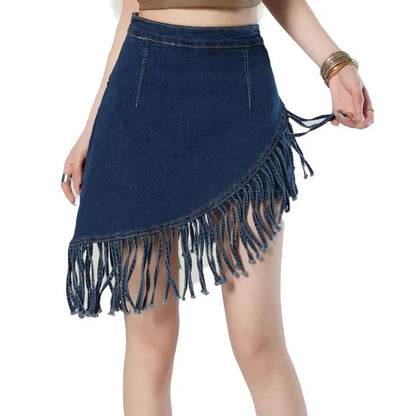 Dark Wash Fringe Denim Mini Skirt
