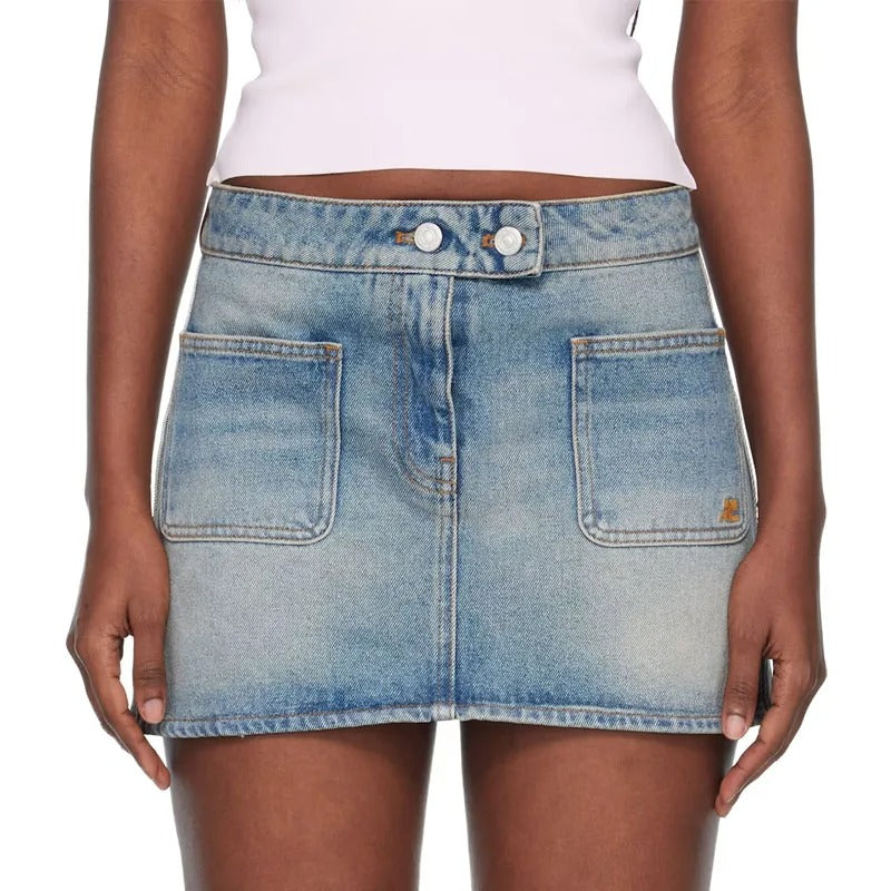Light Wash Denim Mini Skirt with Front Patch Pockets