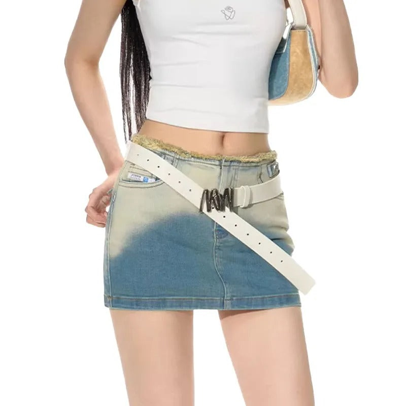 Light Wash Denim Mini Skirt with Raw Edge Waistband