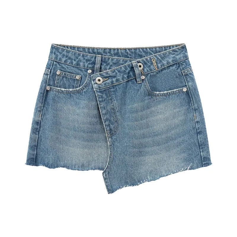 Light Wash Asymmetric Denim Mini Skirt