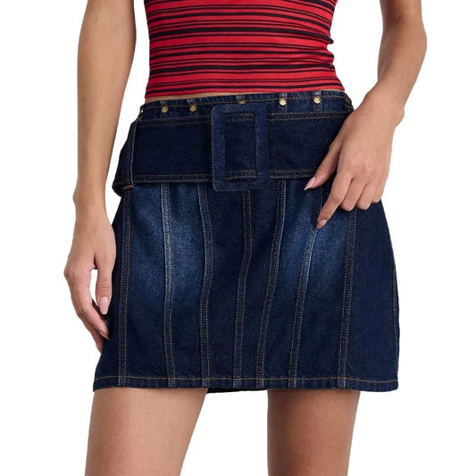 Dark Wash Denim Mini Skirt with Wide Belt Detail