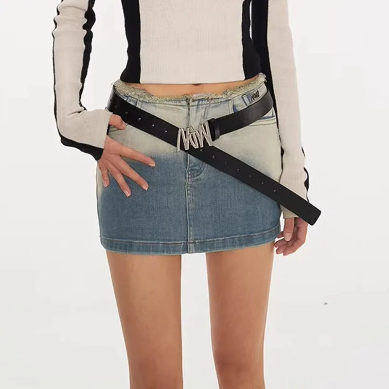Light Wash Denim Mini Skirt with Raw Edge Waistband