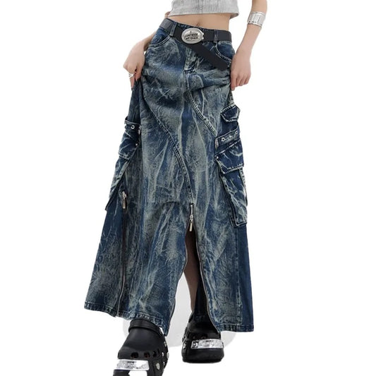 Blue Wash Cargo Denim Maxi Skirt with Zip Details