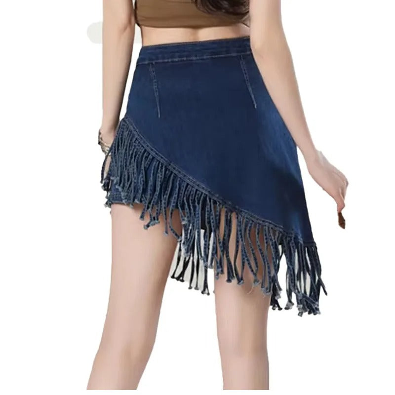 Dark Wash Fringe Denim Mini Skirt
