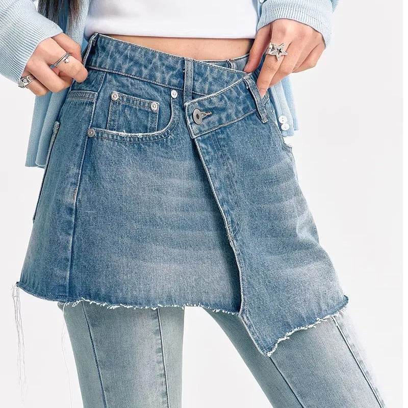 Light Wash Asymmetric Denim Mini Skirt