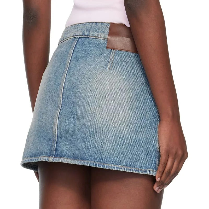 Light Wash Denim Mini Skirt with Front Patch Pockets