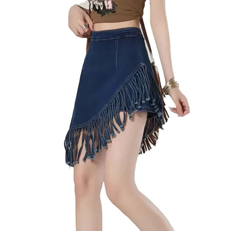Dark Wash Fringe Denim Mini Skirt