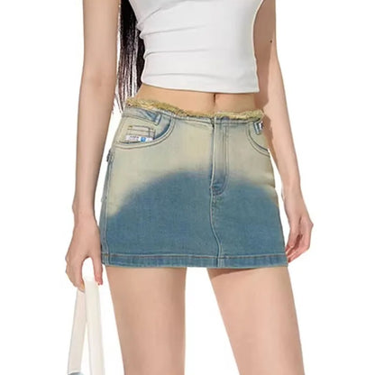 Light Wash Denim Mini Skirt with Raw Edge Waistband