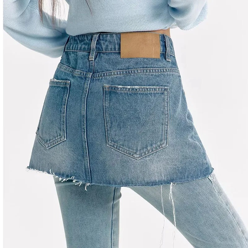 Light Wash Asymmetric Denim Mini Skirt