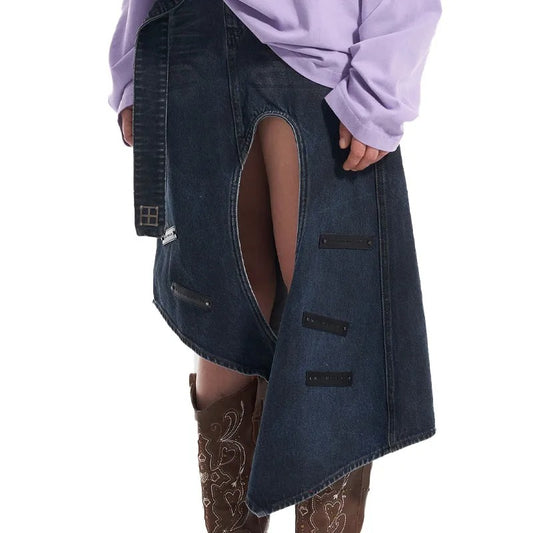 Dark Wash Asymmetric Denim Skirt with Cut-Out Detail
