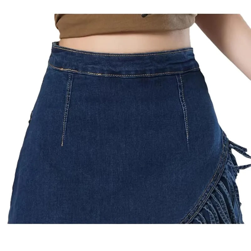 Dark Wash Fringe Denim Mini Skirt