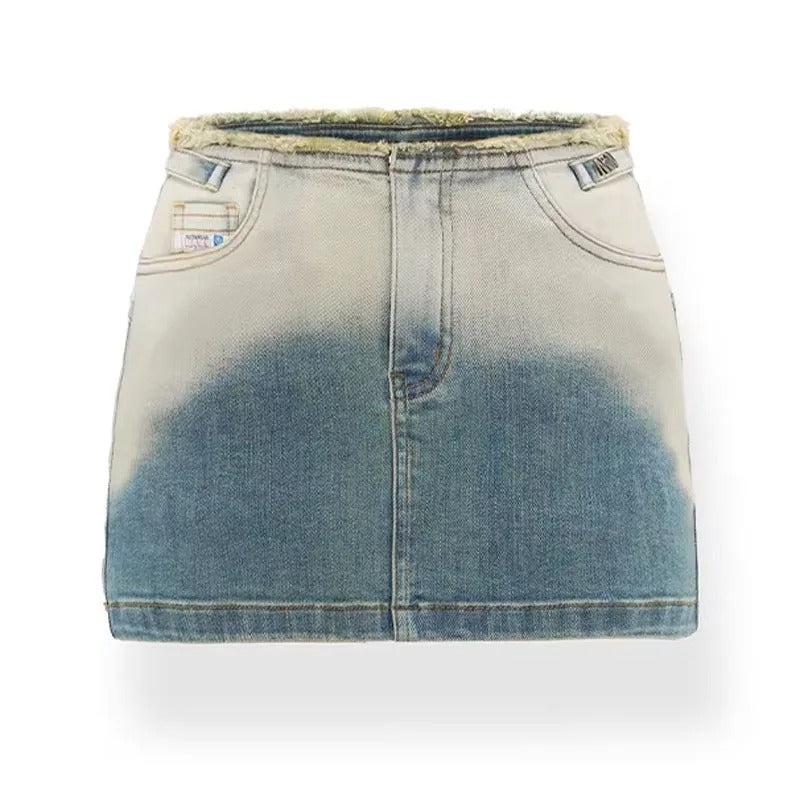 Light Wash Denim Mini Skirt with Raw Edge Waistband